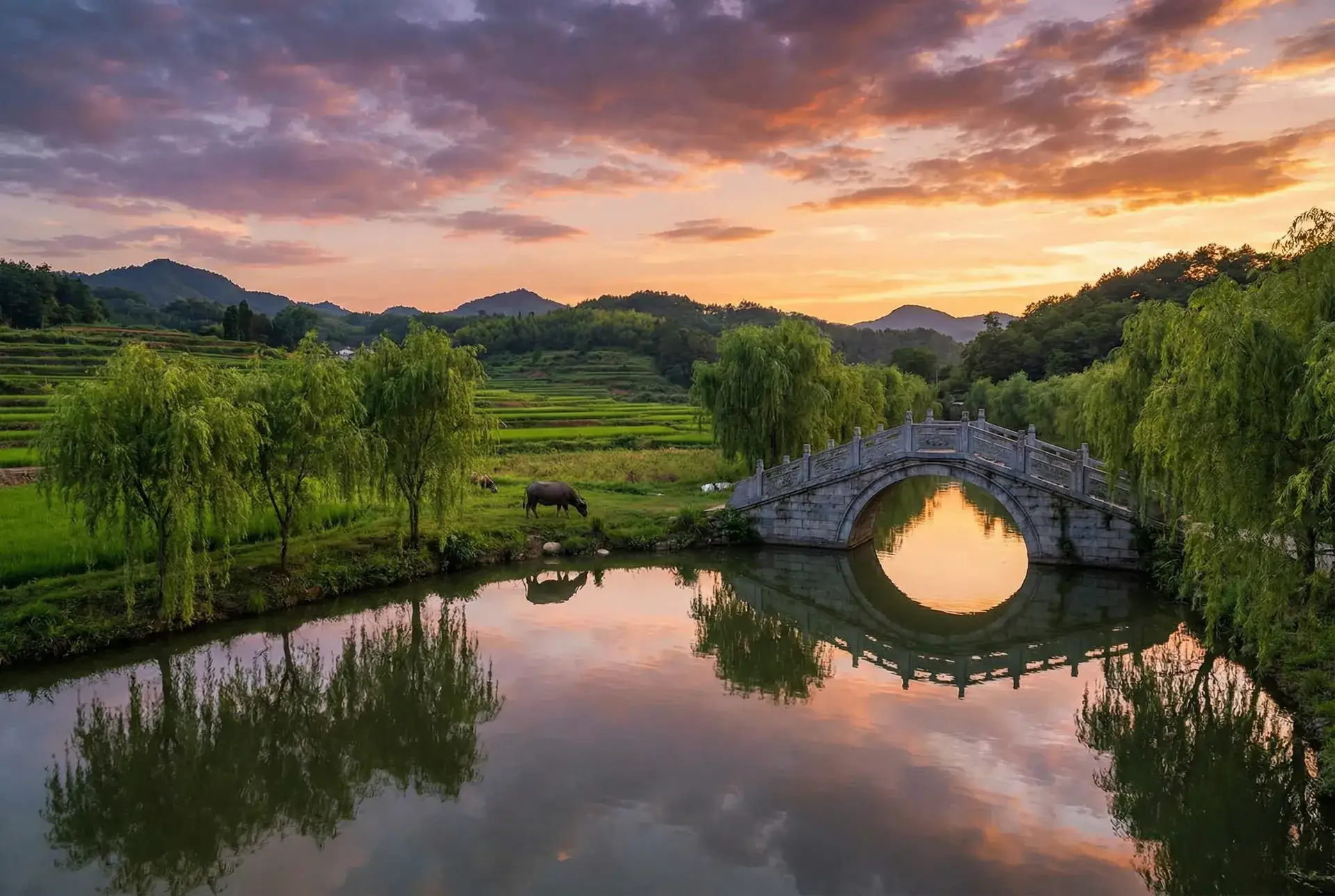 夕阳下的石拱桥与垂柳，水牛在河边吃草 - 偷拍自拍 乡村美景